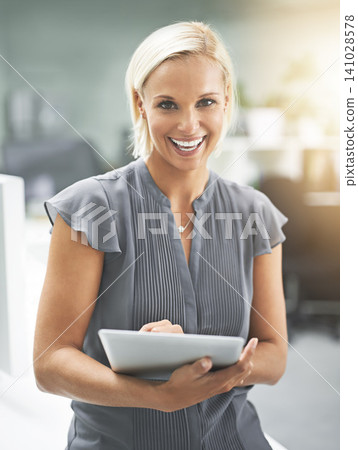 Portrait, office and woman with smile, tablet and opportunity in HR consulting business career. Face, startup and happy businesswoman with digital app at human resources agency with professional job 141028578