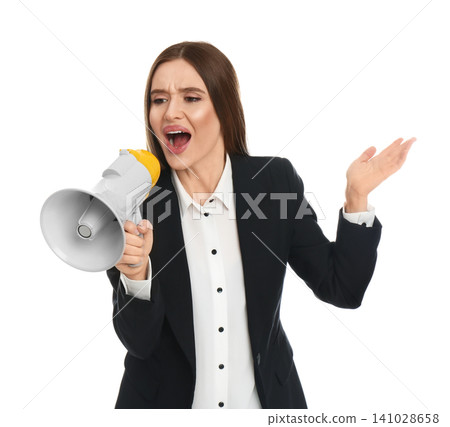 Emotional young woman with megaphone on white background Emotional young woman with megaphone on white background 141028658