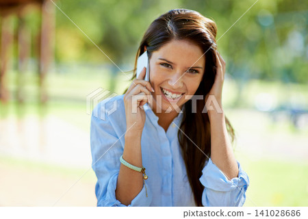 Portrait, happy woman and phone call in park for contact, conversation or communication outdoor. Smartphone, face or lady person relax in nature for web connection, chat or speaking while in forest 141028686