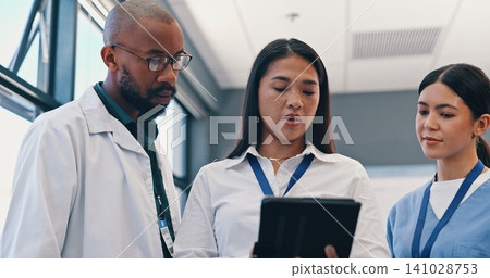 Medical team, tablet and communication in hospital with doctor, meeting and diversity at work. Healthcare, nursing and health support staff with tech for patient info or test results and discussion. Medical team, tablet and communication in hospital with doctor, meeting and diversity at work. Healthcare, nursing and health support staff with tech for patient info or test results and discussion. 141028753