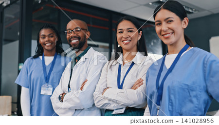 Doctors, group and happy with arms crossed in hospital with confidence in medical goals or mission. Healthcare, team and portrait of people in clinic working in medicare with pride and diversity Doctors, group and happy with arms crossed in hospital with confidence in medical goals or mission. Healthcare, team and portrait of people in clinic working in medicare with pride and diversity 141028956