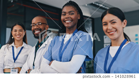 Doctors, group and happy with arms crossed in hospital with confidence in medical nurse or mission. Healthcare, team and portrait of people in clinic working in medicare with pride and diversity 141028961