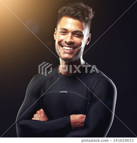 Fitness, portrait and happy man in studio with sportswear, confidence and workout routine for health, wellness and power. Smile, pride and athlete on black background for exercise, results and care Fitness, portrait and happy man in studio with sportswear, confidence and workout routine for health, wellness and power. Smile, pride and athlete on black background for exercise, results and care 141029015