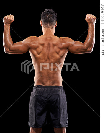 Bodybuilder, back and man in studio with muscle, flex and workout routine for health, wellness and power. Strong, ripped athlete and fitness on black background for exercise, results or muscular body Bodybuilder, back and man in studio with muscle, flex and workout routine for health, wellness and power. Strong, ripped athlete and fitness on black background for exercise, results or muscular body 141029147
