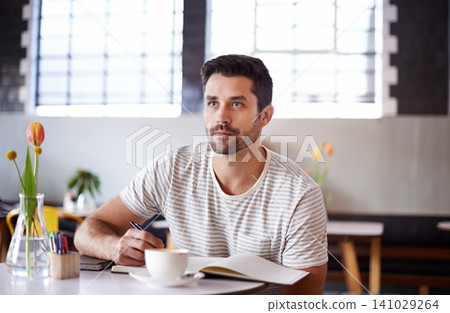Coffee, thinking and man with notebook in restaurant, cafeteria and diner for remote work. Freelance, career and person with book for planning, ideas or project with beverage, caffeine and cappuccino Coffee, thinking and man with notebook in restaurant, cafeteria and diner for remote work. Freelance, career and person with book for planning, ideas or project with beverage, caffeine and cappuccino 141029264