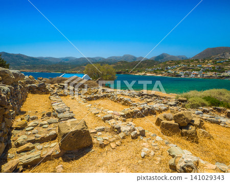 Ancient ruins and Mediterranean scenery overlooking the Bay of Mokuros on the island of Crete, Greece. Ancient ruins and Mediterranean scenery overlooking the Bay of Mokuros on the island of Crete, Greece. 141029343