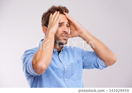 Stress, panic or sad man with hands on face in studio frustrated by fail, accident or mistake on white background. Anxiety, depression or model overthinking trauma, conflict or overwhelmed by loss Stress, panic or sad man with hands on face in studio frustrated by fail, accident or mistake on white background. Anxiety, depression or model overthinking trauma, conflict or overwhelmed by loss 141029459