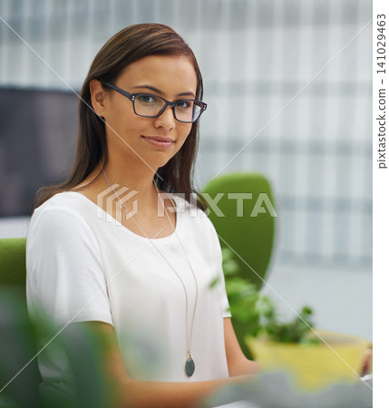 Portrait, glasses and business with woman, startup and modern office with PR agency and consultant. Face, person and employee with eyewear and clear vision with professional and editor in a workplace 141029463