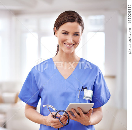 Portrait, tablet and doctor woman in scrubs for medical, results, information or health insurance. Hospital, lens flare and female professional with technology for smile, care and support in clinic Portrait, tablet and doctor woman in scrubs for medical, results, information or health insurance. Hospital, lens flare and female professional with technology for smile, care and support in clinic 141029512