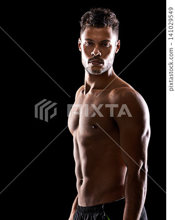 Exercise, portrait and man in studio with muscle, confidence and workout routine in health, wellness and power. Serious, pride and strong athlete on black background for fitness, results and care Exercise, portrait and man in studio with muscle, confidence and workout routine in health, wellness and power. Serious, pride and strong athlete on black background for fitness, results and care 141029549