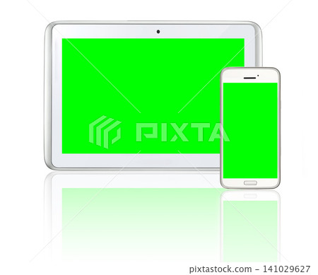 Tablet, studio and greenscreen with smartphone, mockup and data for mobile interface. High tech, logo and screen for space, connectivity and futuristic social electronics isolated on white background Tablet, studio and greenscreen with smartphone, mockup and data for mobile interface. High tech, logo and screen for space, connectivity and futuristic social electronics isolated on white background 141029627