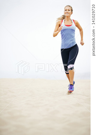 Mockup, woman and running at beach for exercise, training or fitness workout at sea. Sports, happy athlete and healthy female person on road for cardio endurance, wellness or outdoor activity Mockup, woman and running at beach for exercise, training or fitness workout at sea. Sports, happy athlete and healthy female person on road for cardio endurance, wellness or outdoor activity 141029710