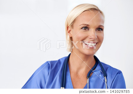 Happy, nurse and healthcare in studio of ideas or medical service, professional and wellness. Excited woman or doctor for inspiration, solution or thinking of clinic or hospital on a white background Happy, nurse and healthcare in studio of ideas or medical service, professional and wellness. Excited woman or doctor for inspiration, solution or thinking of clinic or hospital on a white background 141029785