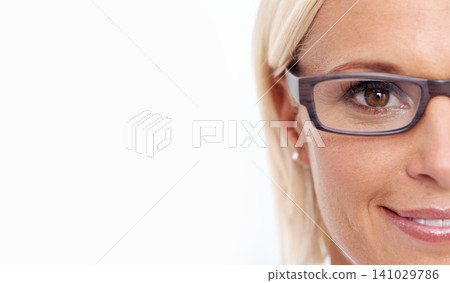 Happy woman, glasses and portrait on a white background for eye care, wellness and frame with mockup space. Face of a young person or ophthalmologist with vision, lens and specs on a banner in studio Happy woman, glasses and portrait on a white background for eye care, wellness and frame with mockup space. Face of a young person or ophthalmologist with vision, lens and specs on a banner in studio 141029786