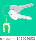 Set of housewarming keys for a new apartment with a gold horseshoe keychain for good luck. Cartoon isometric vector isolated on green background 141029852