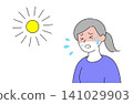 A simple line drawing vector illustration of a woman sweating and looking exhausted under the strong summer sun. 141029903