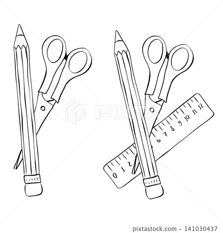 scissor and pencil and ruller School composition Black and white hand drawn illustration. Vector graphic line ink art. background for banners, print for fabric, labels, t-shirt printing. 141030437