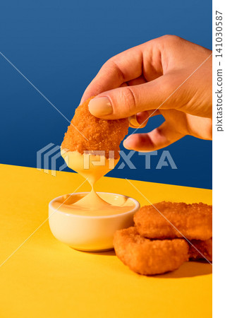 Hand lifts crispy chicken nugget with melted cheese sauce on blue and yellow background. Hand lifts crispy chicken nugget with melted cheese sauce on blue and yellow background. 141030587