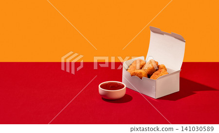 Open takeout box holds chicken nuggets beside ketchup sauce on red and orange studio background Open takeout box holds chicken nuggets beside ketchup sauce on red and orange studio background 141030589