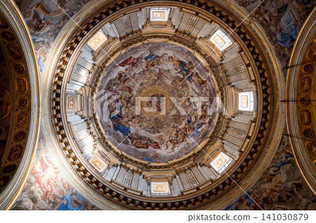 Naples, italy. December 27, 2024. Intricate baroque fresco adorning the ceiling and dome of naples duomo, showing religious figures and ornate architecture Naples, italy. December 27, 2024. Intricate baroque fresco adorning the ceiling and dome of naples duomo, showing religious figures and ornate architecture 141030879
