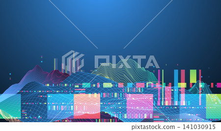 Abstract digital data visualization with colorful neon waveforms, wireframe grids, and geometric glitch elements on a dark blue background. Abstract digital data visualization with colorful neon waveforms, wireframe grids, and geometric glitch elements on a dark blue background. 141030915