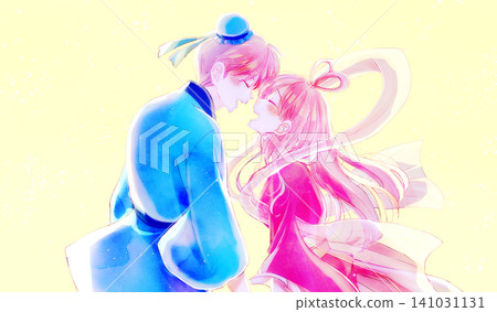 Image of Orihime and Hikoboshi facing each other, backlit. Image of Orihime and Hikoboshi facing each other, backlit. 141031131
