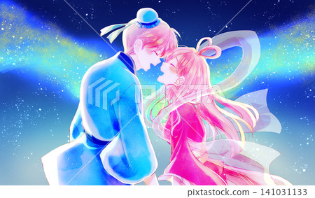 Image of Orihime and Hikoboshi facing each other, starry sky, Milky Way Image of Orihime and Hikoboshi facing each other, starry sky, Milky Way 141031133