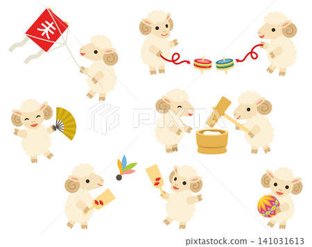 A set of illustrations of sheep characters making mochi and playing New Year's games. A set of illustrations of sheep characters making mochi and playing New Year's games. 141031613