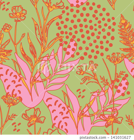 Vibrant seamless background featuring hand-drawn summer flowers, tropical pink leaves, and abstract red polka dots on green canvas. Vibrant seamless background featuring hand-drawn summer flowers, tropical pink leaves, and abstract red polka dots on green canvas. 141031627