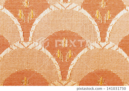 Horizontal close up macro shot of an orange and beige upholstery fabric texture featuring an embroidered vintage geometric scale or floral damask style pattern Horizontal close up macro shot of an orange and beige upholstery fabric texture featuring an embroidered vintage geometric scale or floral damask style pattern 141031730