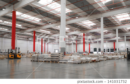packing line in a logistics warehouse. conveyor belt in a modern production line. Pallet racking packing line in a logistics warehouse. conveyor belt in a modern production line. Pallet racking 141031732