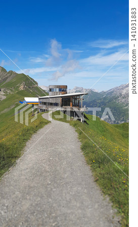 Modern Alpen Tower restaurant at Planplatten with mountain panorama Alpen  141031883
