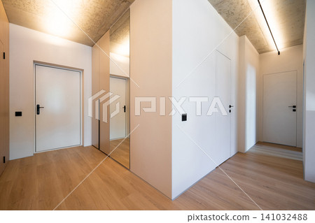 Minimalist hallway interior with hidden doors and floor-to-ceiling mirror 141032488
