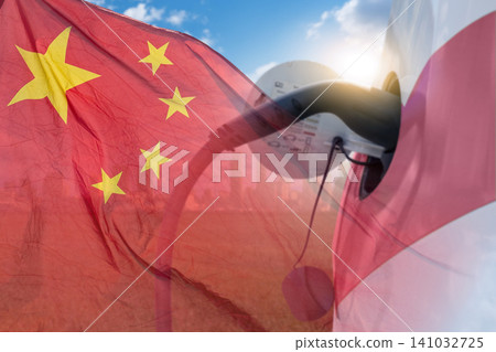 Chinese flag waving with an electric vehicle charging in the background Chinese flag waving with an electric vehicle charging in the background 141032725