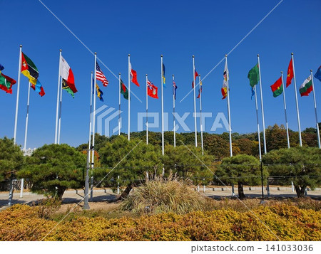 International National Flags Waving on Poles Against Blue Sky 141033036