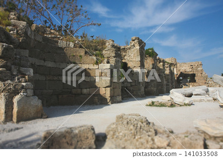 Archaeological site with marble columns and ruins in Side, Turkey Archaeological site with marble columns and ruins in Side, Turkey 141033508