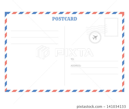 Empty back of a postcard with postage stamps, address for travel. Vector paper vintage template design Empty back of a postcard with postage stamps, address for travel. Vector paper vintage template design 141034133