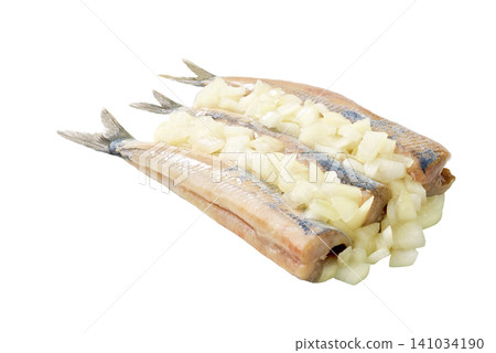 Dutch herring with onions isolated on white background. Traditional Dutch herring with onions as eaten in Amsterdam, isolated . Dutch herring with onions isolated on white background. Traditional Dutch herring with onions as eaten in Amsterdam, isolated . 141034190