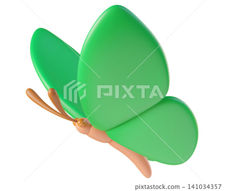 Green 3D butterfly, isolated on background. Cute cartoon insects for spring, summer design, Easter, stickers, kids. 3d render Green 3D butterfly, isolated on background. Cute cartoon insects for spring, summer design, Easter, stickers, kids. 3d render 141034357