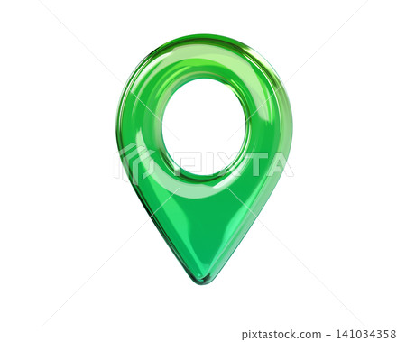Glossy green 3D map location pin icon. Front view. Transparent glass or plastic navigation marker isolated on background for GPS, map, travel and UI design. 3d render. Glossy green 3D map location pin icon. Front view. Transparent glass or plastic navigation marker isolated on background for GPS, map, travel and UI design. 3d render. 141034358