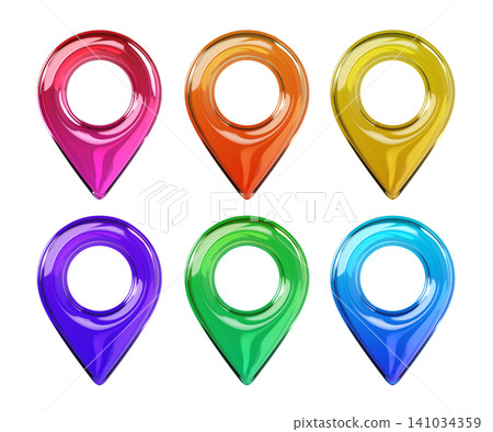 Set of glossy colored 3D map location pin icons. Front view. Transparent glass or plastic navigation marker isolated on background for GPS, map, travel and UI design. 3d render. Set of glossy colored 3D map location pin icons. Front view. Transparent glass or plastic navigation marker isolated on background for GPS, map, travel and UI design. 3d render. 141034359