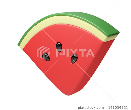 3D Watermelon slice with black seeds, isolated on background. Fruit icon in Cartoon style for summer, food, tropical, design, banner. 3d render 3D Watermelon slice with black seeds, isolated on background. Fruit icon in Cartoon style for summer, food, tropical, design, banner. 3d render 141034361