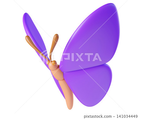 Purple 3D butterfly, isolated on background. Cute cartoon insects for spring, summer design, Easter, stickers, kids. 3d render Purple 3D butterfly, isolated on background. Cute cartoon insects for spring, summer design, Easter, stickers, kids. 3d render 141034449