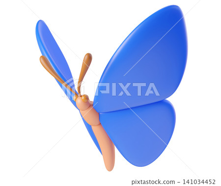 Blue 3D butterfly, isolated on background. Cute cartoon insects for spring, summer design, Easter, stickers, kids. 3d render Blue 3D butterfly, isolated on background. Cute cartoon insects for spring, summer design, Easter, stickers, kids. 3d render 141034452