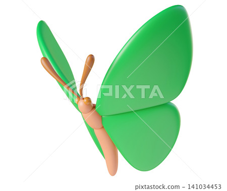 Green 3D butterfly, isolated on background. Cute cartoon insects for spring, summer design, Easter, stickers, kids. 3d render Green 3D butterfly, isolated on background. Cute cartoon insects for spring, summer design, Easter, stickers, kids. 3d render 141034453