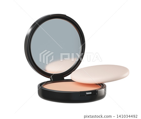 3D Black Compact Powder with sponge and mirror. Realistic beauty skincare face foundation isolated on white. Makeup beauty cosmetic product. 3d render 3D Black Compact Powder with sponge and mirror. Realistic beauty skincare face foundation isolated on white. Makeup beauty cosmetic product. 3d render 141034492