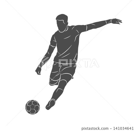 Football soccer player man in action kicks a ball isolated white background Football soccer player man in action kicks a ball isolated white background 141034641