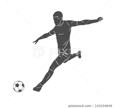 Football soccer player man in action kicks a ball isolated white background Football soccer player man in action kicks a ball isolated white background 141034646