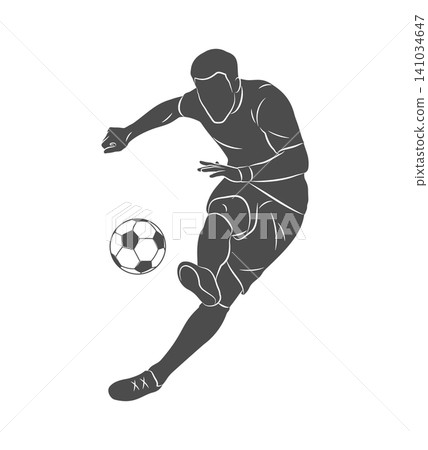 Football soccer player man in action kicks a ball isolated white background Football soccer player man in action kicks a ball isolated white background 141034647