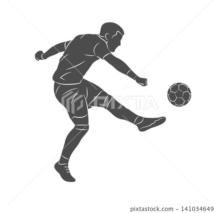 Football soccer player man in action kicks a ball isolated white background Football soccer player man in action kicks a ball isolated white background 141034649